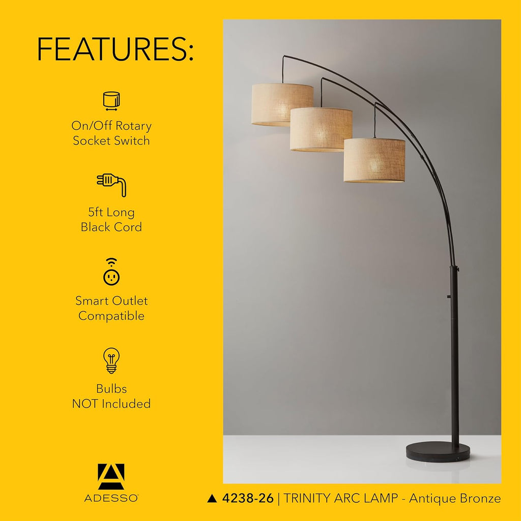 Arc Floor Lamp with 3 Movable Shades & Dimmable Brightness - Perfect Lighting and Corner Decor, Antique Bronze
