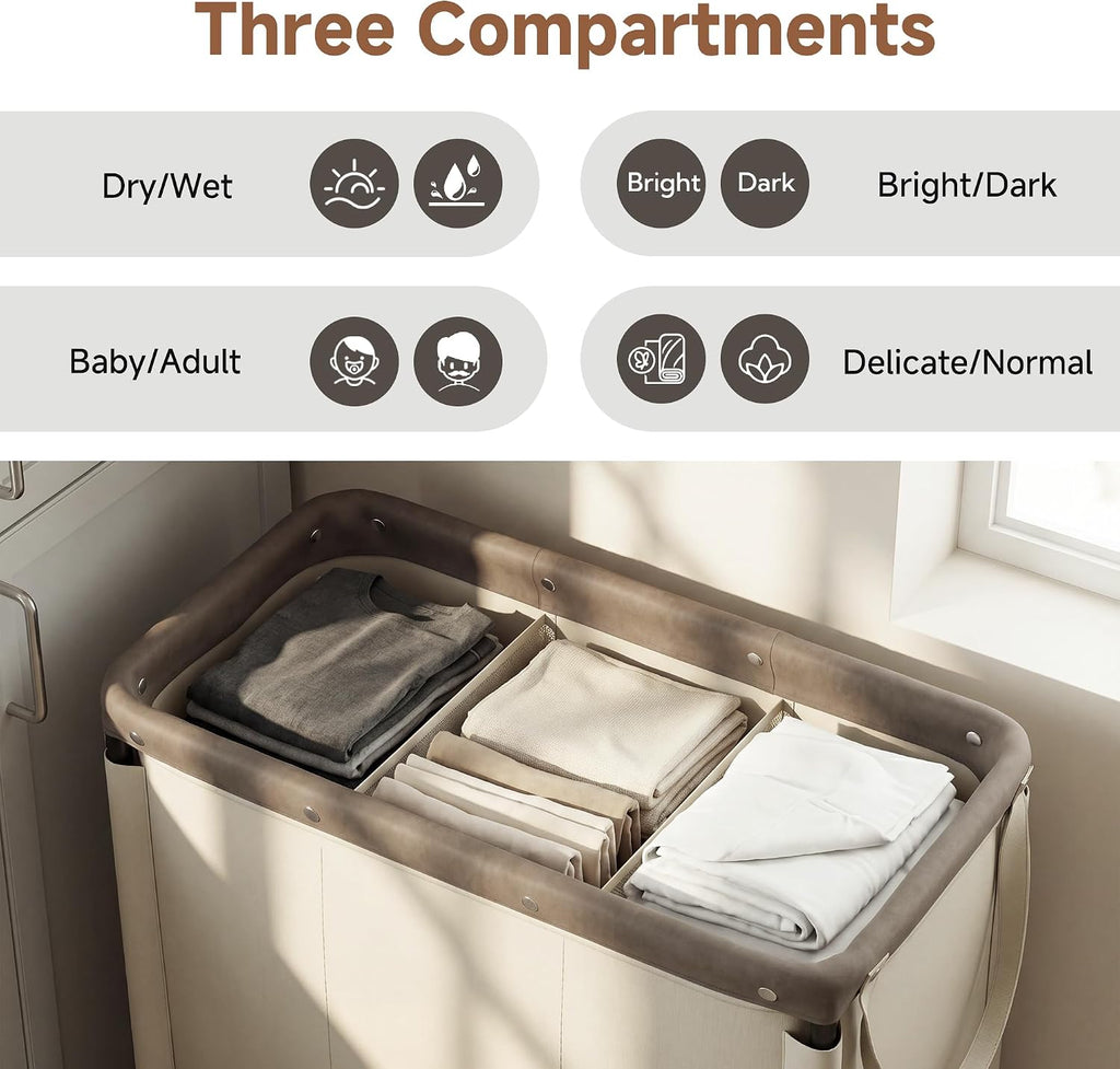 3 Section Laundry Hamper, 120L Tan Sorter Cart with Wheels