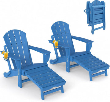 Folding Adirondack Chair Set of 2 with Retractable Ottoman Blue | Outdoor HDPE Fire Pit Chair, Cup Holder, Large