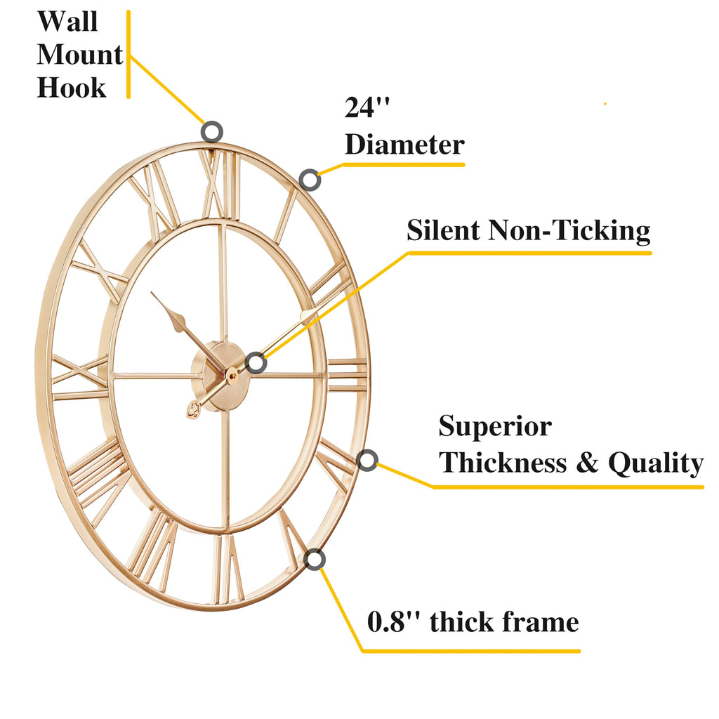 Silent 24 Inch Wall Clock Decor, Gold Roman Numeral