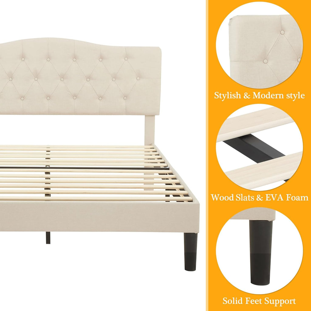 Queen Platform Bed Frame with Fabric Upholstered Headboard and Wooden Slats Support