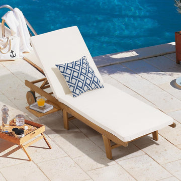 Patio Acacia Wood Chaise Lounge Chair, Pull-Out Table, Cream | Foldable Lounge Chair with Adjustable Backrest