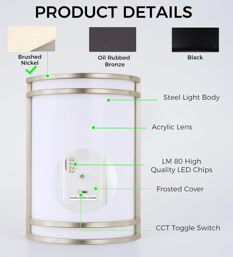 LED 3 Color Wall Sconce, Wall Lighting,3000K/4000K/5000K Color Temperature Adjustable Wall Mount Light Fixture, 15W