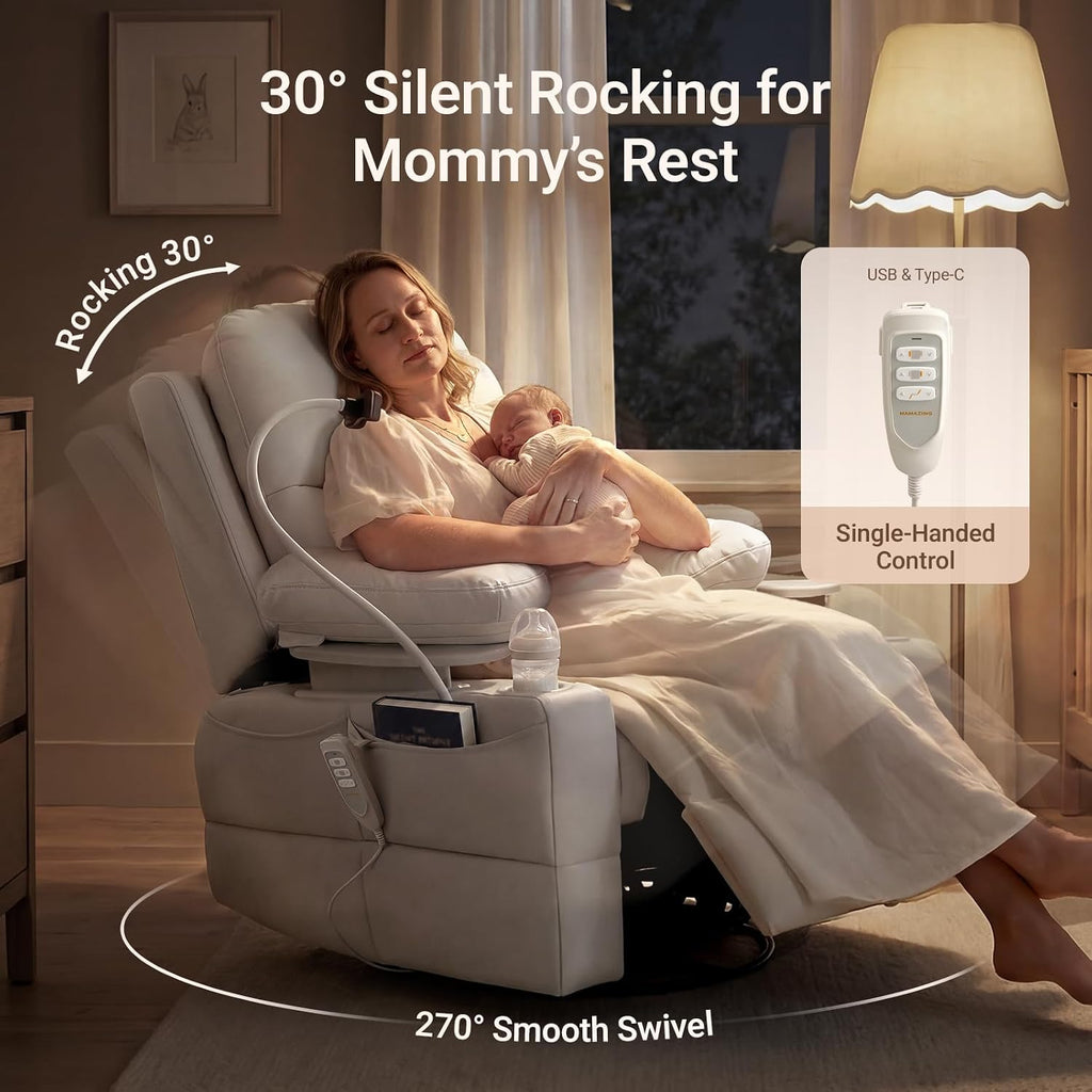 Lullapod Power Nursery Rocking Chair with HugAssist Armrest | Triple Motor Power Nursing Recliner with 270° Swivel