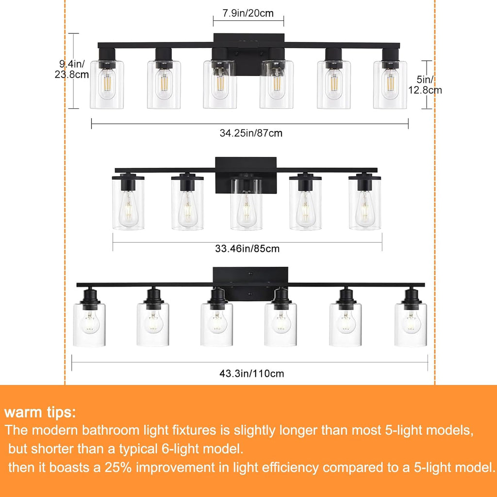 Black Bathroom Light Fixtures, 6-Light Bathroom Lighting Fixtures Over Mirror with Clear Glass Shade, Matte Black