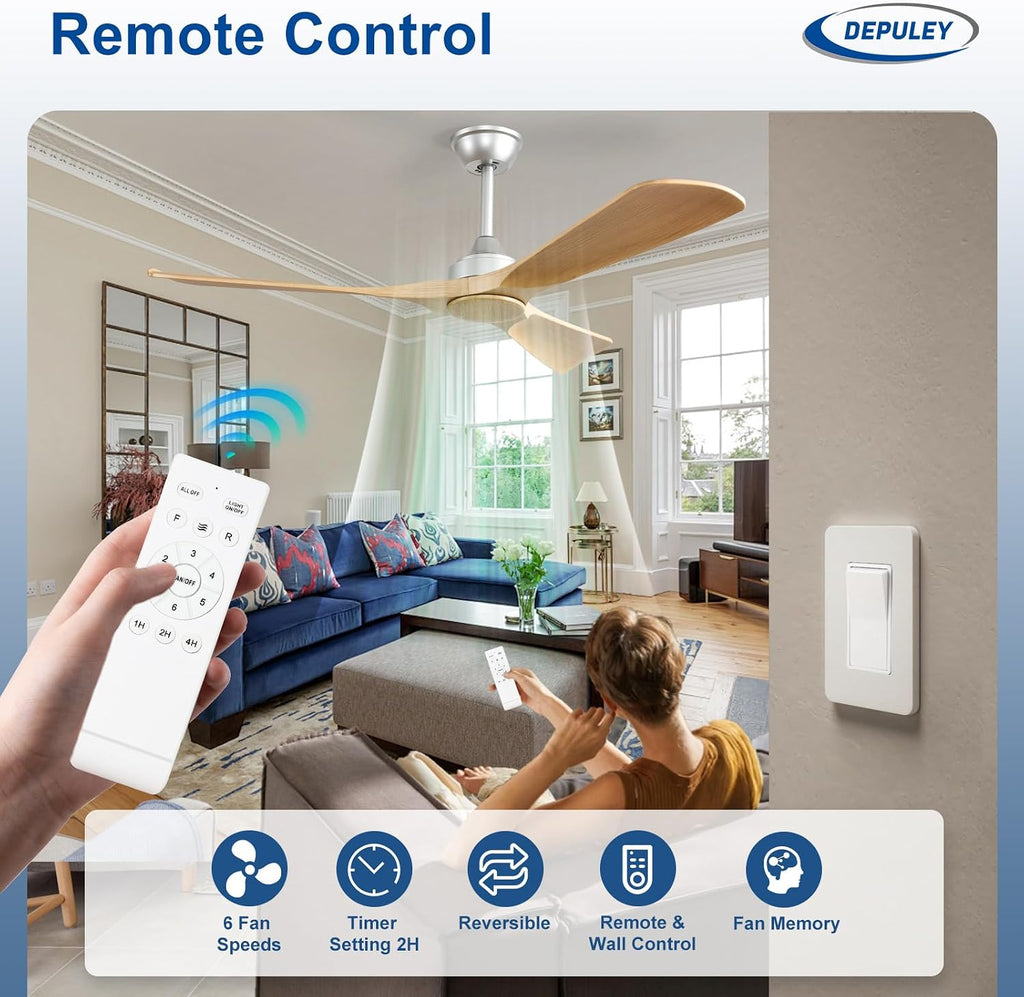 52 Inch 3 Blade Indoor Outdoor Fans for Patios - Wood Ceiling Fan No Light Remote APP Control Ultra Quiet DC Motor Reversible 6 Speed Timer