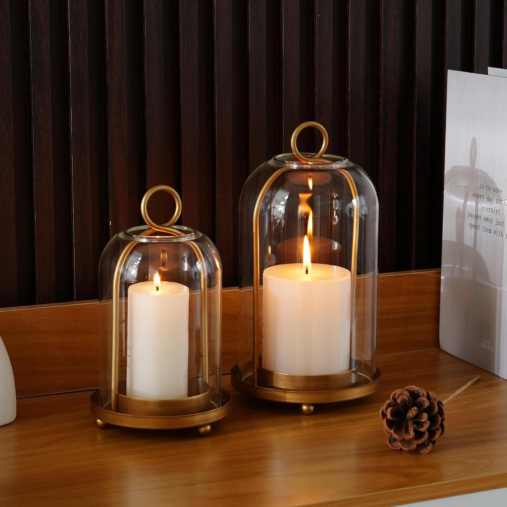 Glass Hurricane Candle Holder Decorative Gold Candle Lantern, Pillar Candlestick Holders Set of 2, Hanging Metal
