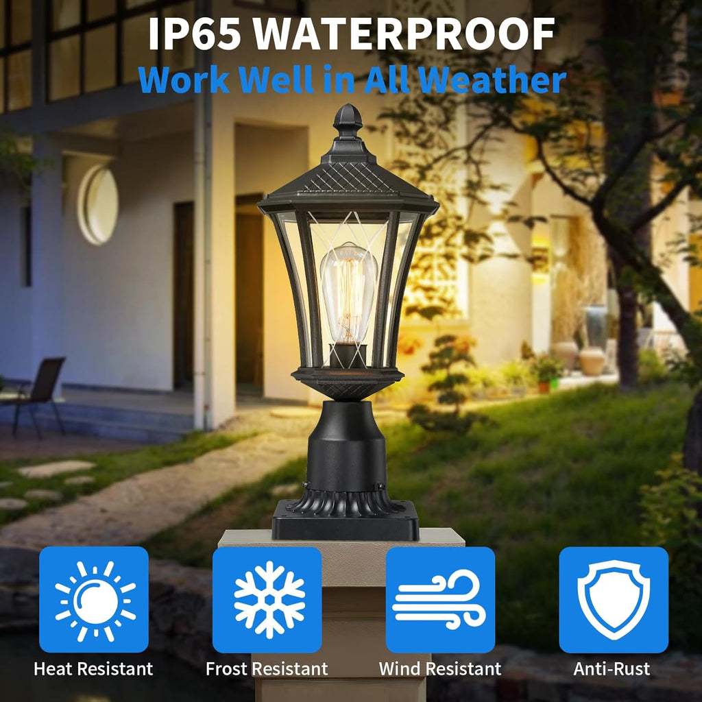 Outdoor Post Lights 2 Pack, 16" Lamp Post Light Fixture, Black Pole Lights Outdoor
