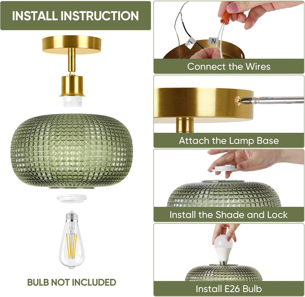 Semi Flush Mount Ceiling Light, Adjustable Hanging Gold Sloped Ceiling Lights with Green Glass Shade Vintage Hallway
