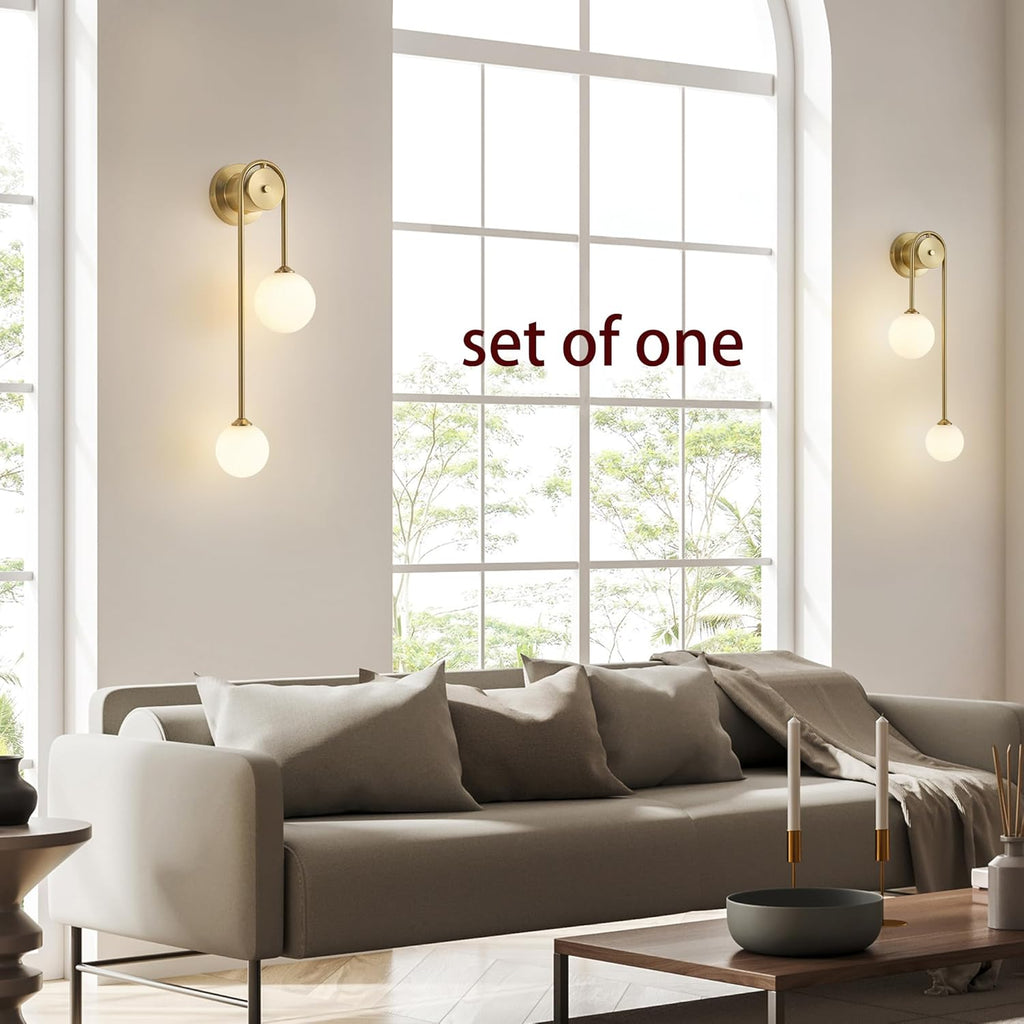 Golden Wall lamp Double Ball, mid-Century Modern Glass Wall sconces,with G9 Tricolor Bulb for Living Room Bedroom
