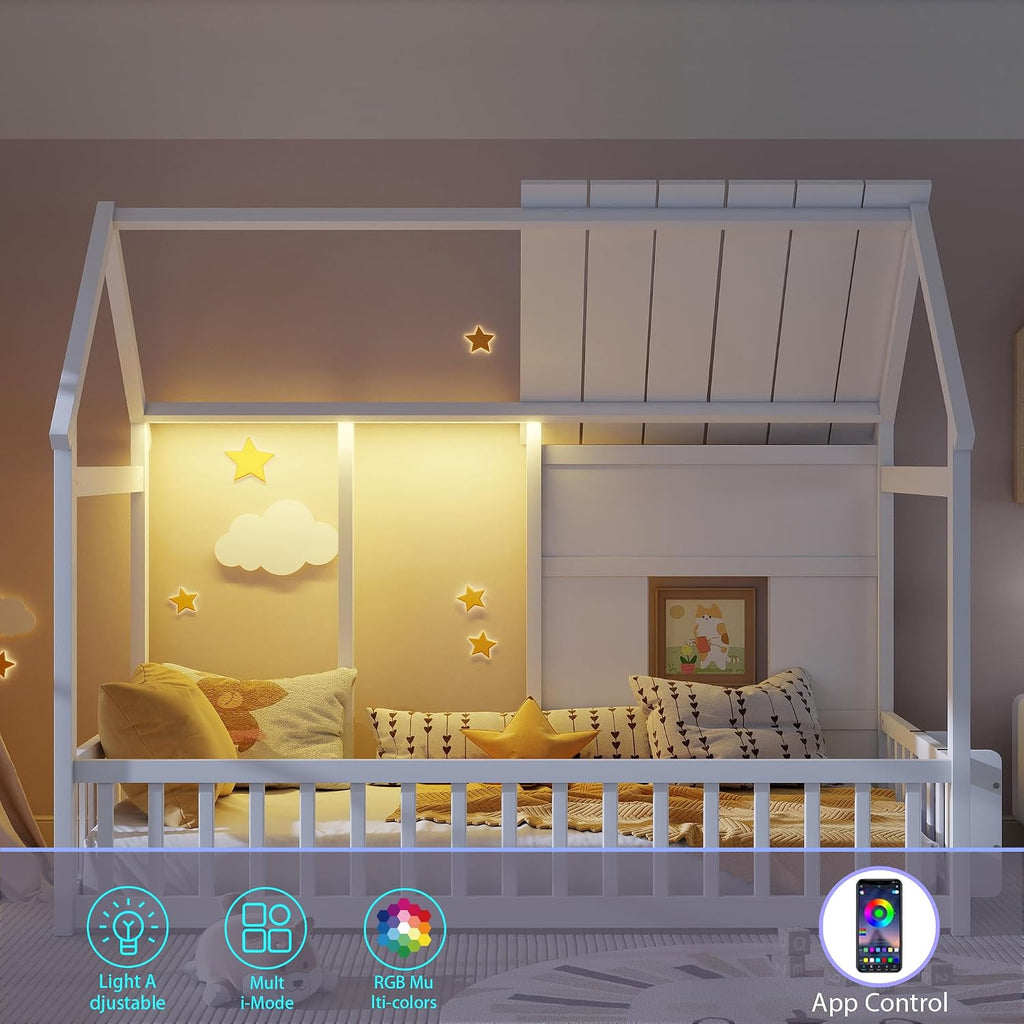 Tw Bed with LED Light and Bookcase, White House Bed for Kids with Rails, Roof and Window, Wood Twin Montessori Floor