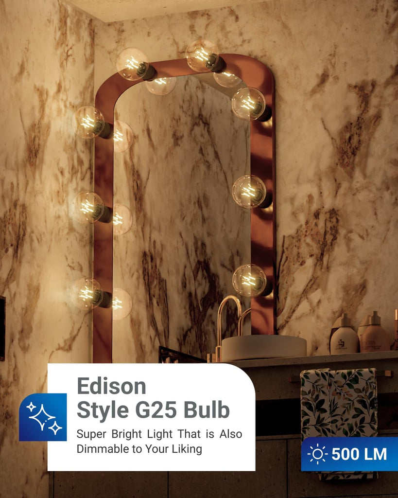 6 Pack G25 Globe Light Bulbs LED Edison Vanity Light Bulbs, CRI90, 3000K Warm White, Dimmable, 5W=60W, Clear Vintage