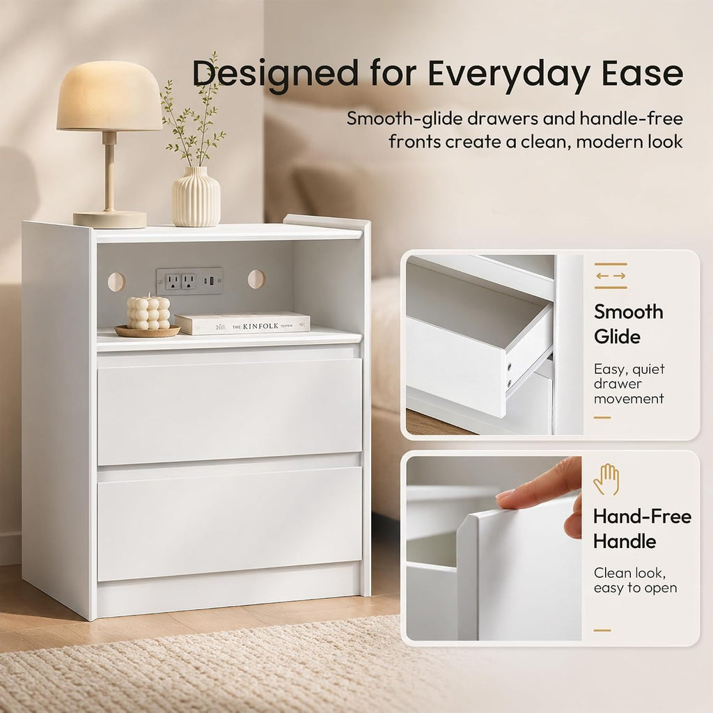 24" Tall Nightstand with Charging Station Including USB-C, Modern Bedside Table and Sofa End Table - White, 2