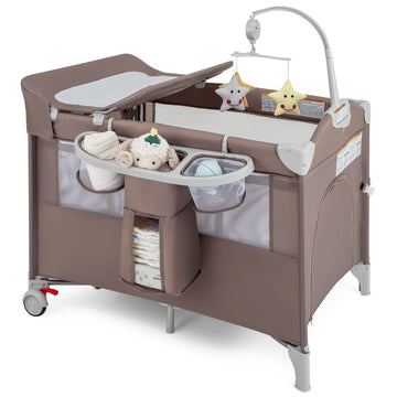 JOY 5-in-1 Play Yard, Portable Baby Bedside Sleeper with Bassinet, U-Shaped Diaper Changer, Safety Strap, Side