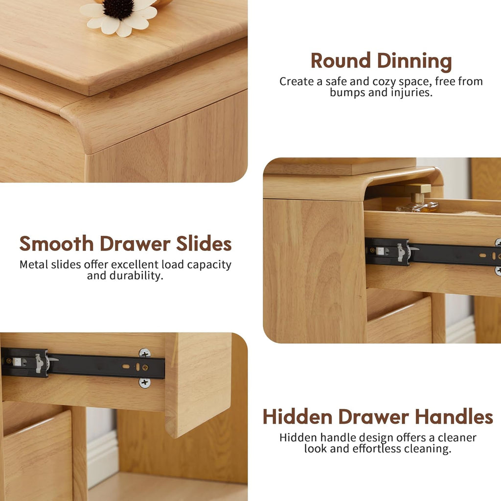 Solid Wood Nightstand, Fully Assembled Narrow Bedside Table with 3 Drawers & Hidden Handles, Mid-Century Modern End