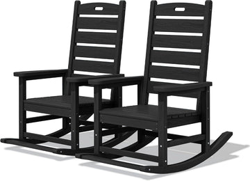 Outdoor Rocking Chair Set of 2, Oversized HDPE Rocker, Black | Heavy Duty Front Porch Rocker with Footrest, all