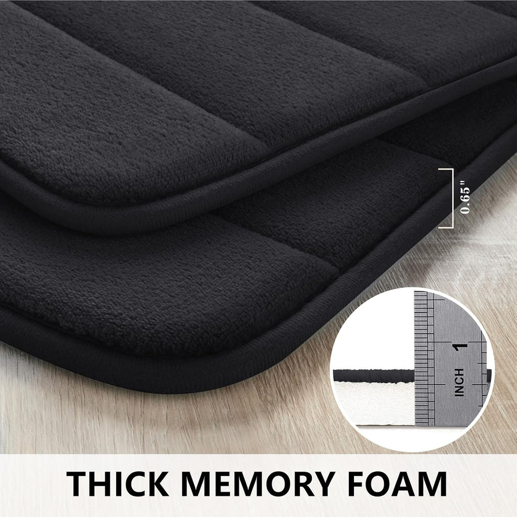 Bathroom Rugs Sets 2 Piece, Memory Foam Non Slip Extra Soft Absorbent Machine Washable Toilet Bath Mats (Black