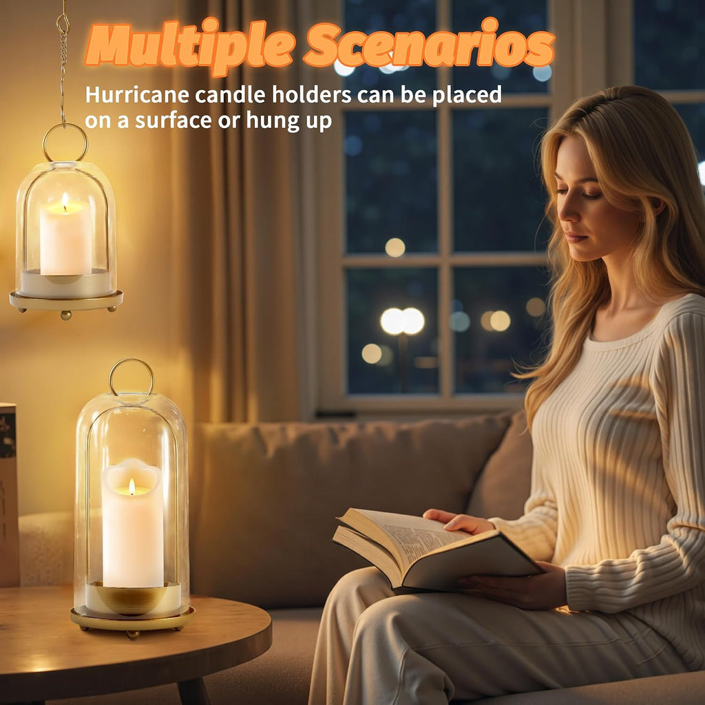 Hurricane Glass Candle Holders, Large & Medium Brass Lanterns Hurricane Candlestick Holder for Pillar Candles