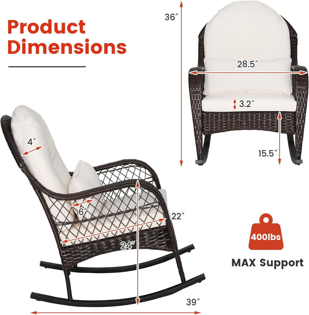 Outdoor Wicker Rocking Chair, Patio Rattan Rocker w/Lumbar Pillow, Padded Seat & Back Cushions, Metal Frame, Mix
