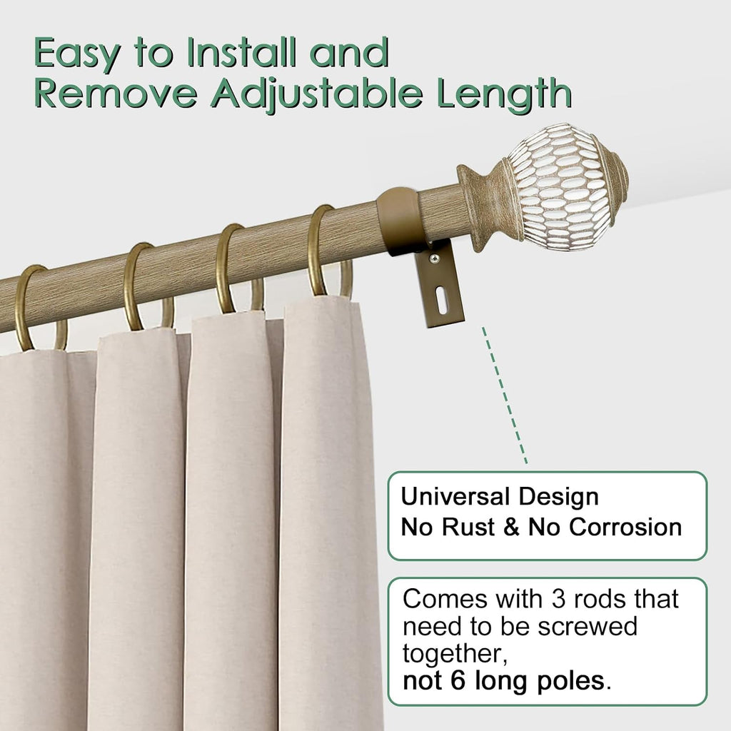 Curtain Rods for Windows 16 to 120 Inches Adjustable Length 1 Inch Diameter Window Curtain Rod with Wood Grain Leaf