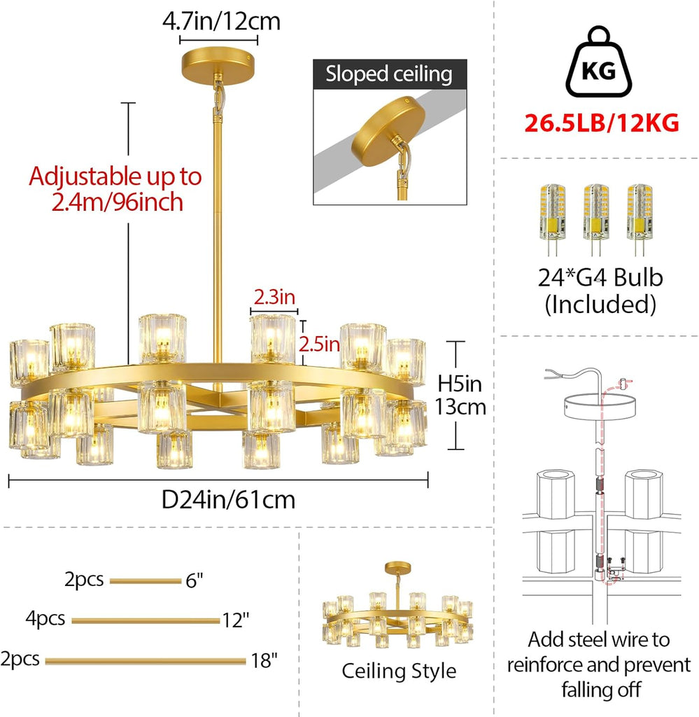 Modern Crystal 24-Light Chandelier, Brass Gold 24" Round Wagon Wheel Chandeliers, Dining Room Chandelier Over Table,Indoor Chandelier Lighting Fixtures,for Living Room, Bedroom, Bathroom