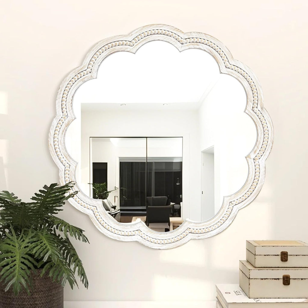 24 Inch Round Wall Mirror, Whitewashed Wooden Frame with Scalloped Edge & Beaded Trim, Decorative Farmhouse Boho Mirror