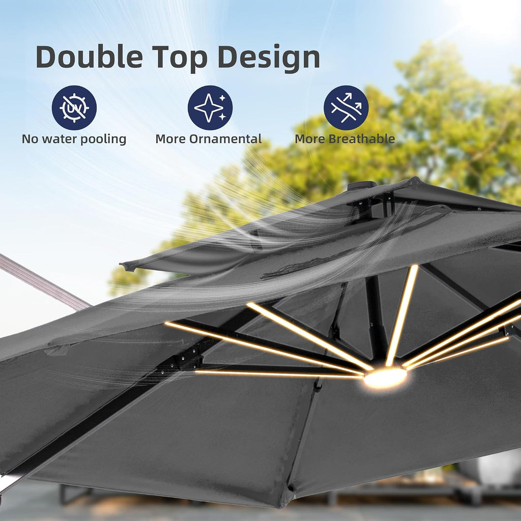 9x12 FT Patio Umbrella with Weighted Base and LED Lights Cantilever Outdoor Large Heavy Duty Rectangle Aluminum Offset
