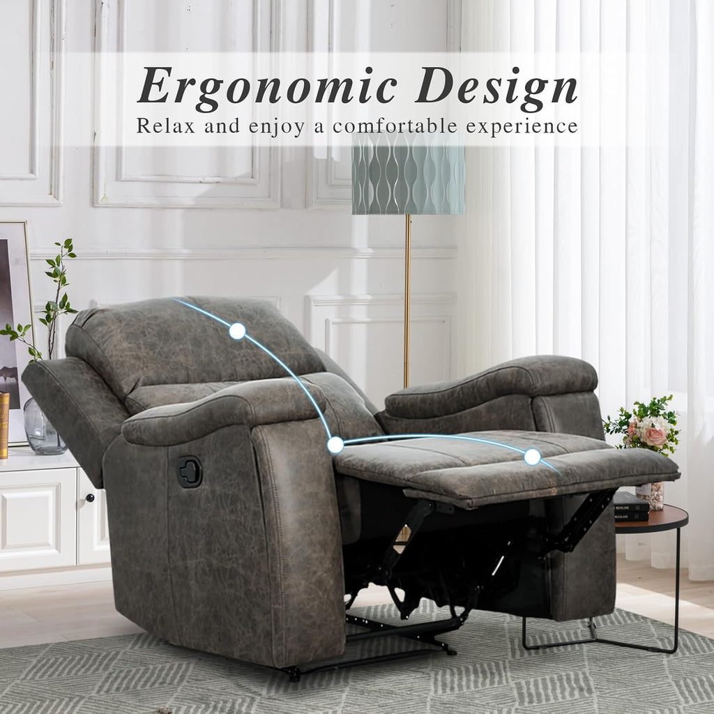 Grey Recliner Chair, Single Overstuffed Sofa Recliners, Breathable Faux Leather Manual Reclining Chairs with Hidden