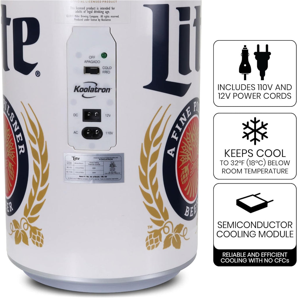 Miller Lite 8 Can Thermoelectric Mini Fridge 5.4 L/ 5.7 Quarts Capacity, 12V DC/110V AC cooler for home, den, dorm