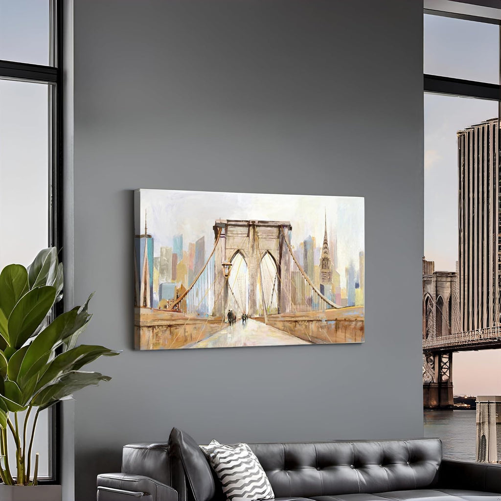 Brooklyn Bridge Wall Art New York City Skyline Painting Modern Abstract Cityscape Framed Artwork Large Canvas Ready