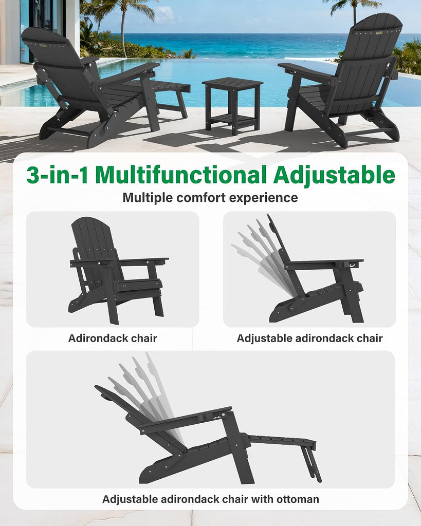 Adjustable Adirondack Chair with Footrest,All-Weather, Black | 5-Level Adjustable Backrest, Folding Fire Pit Chairs