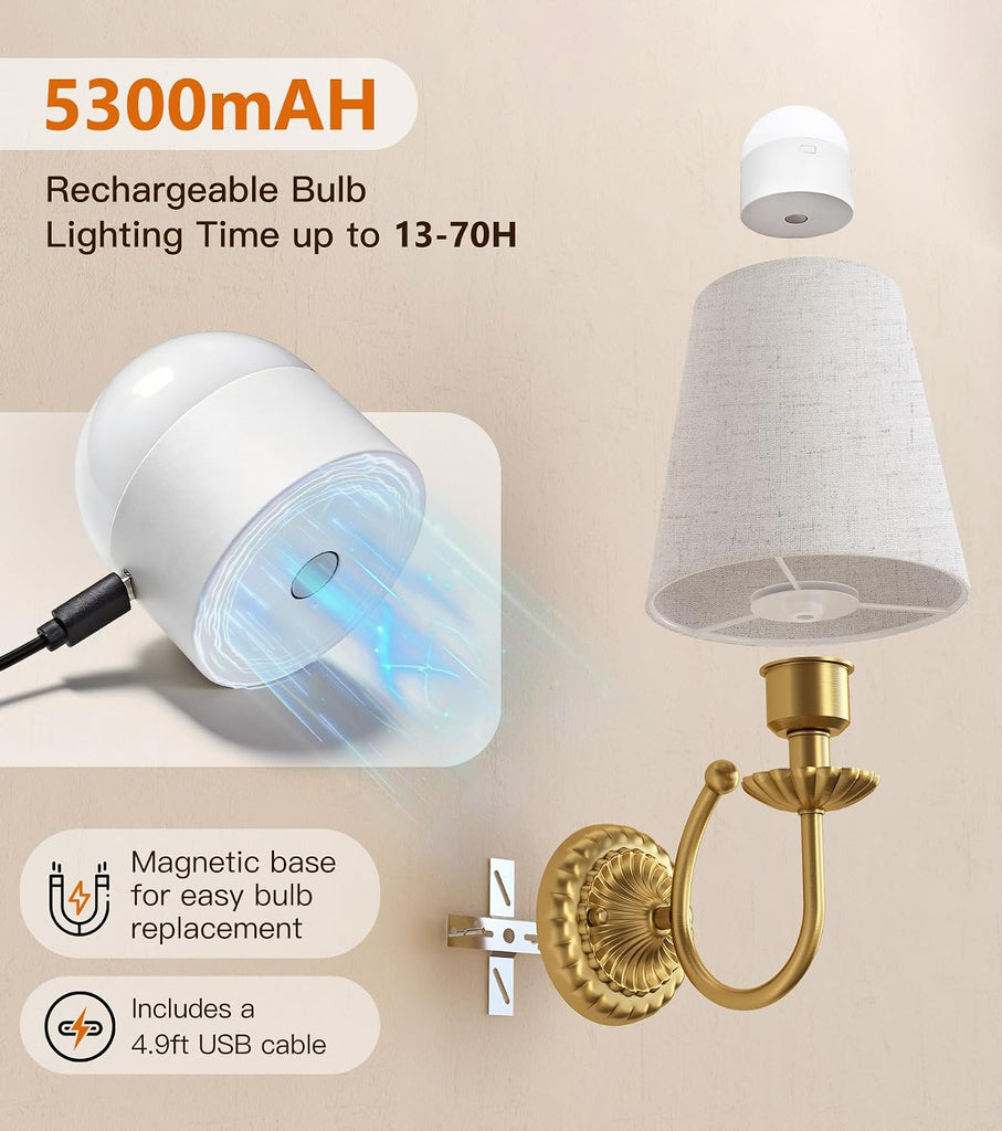 Wireless Wall Sconces Set of Two 14"H, 5300mAh Battery Operated Wall Sconce, Rechargeable Bulbs with Remote, 15