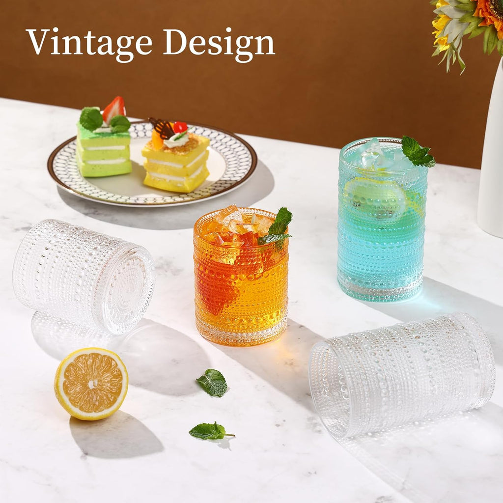 Hobnail Drinking Glasses Set of 12, 12 Oz Highball Glasses & 10 Oz Cocktail Glasses, Clear Embossed Boho Glass Cups