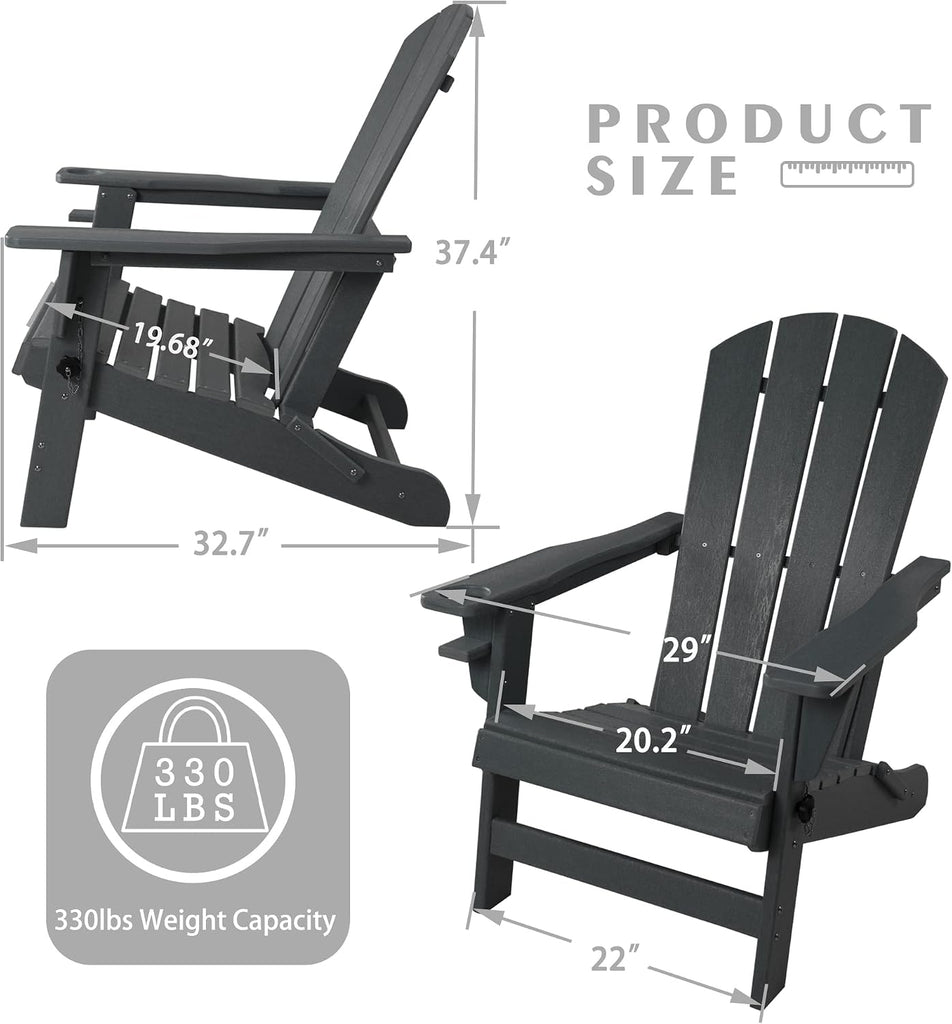 Folding Adirondack Chair, Patio Outdoor Chairs | HDPE Plastic Resin Deck Chair, Painted Weather Resistant for Garden