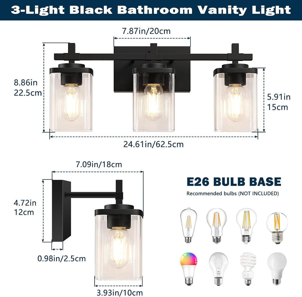 3-Lights Bathroom Vanity Light Fixtures, Modern Black Vanity Lights Over Mirror with Clear Glass Shade , Wall Mounted