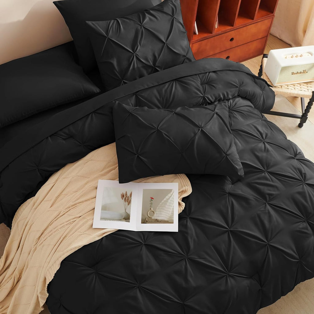 Comforter Set 7 Pieces Bed in A Bag Black Luxury Soft Bed Set Pintuck Pinch Pleat Bedding Sets