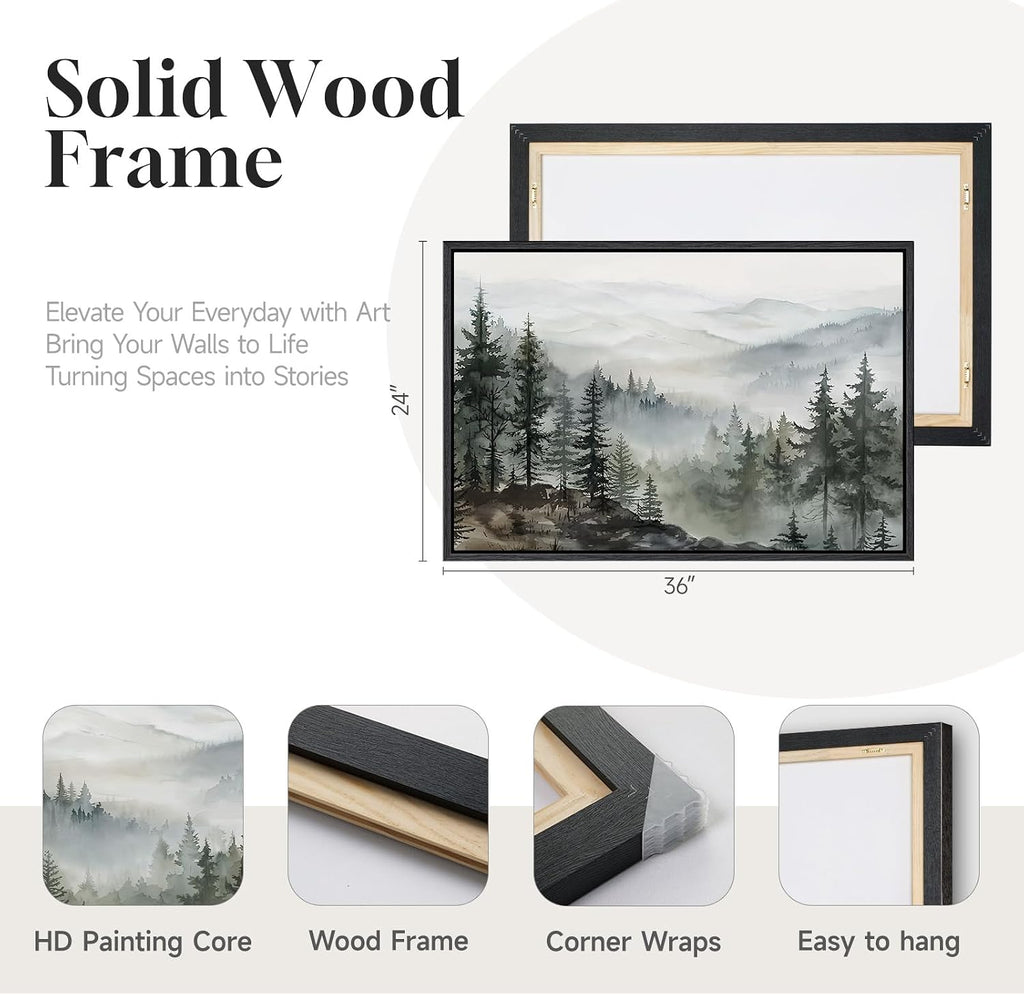 Framed Mountain Foggy Forest Landscape Wall Art, Horizontal Nature Watercolor Canvas Artwork for Walls, Misty Pine