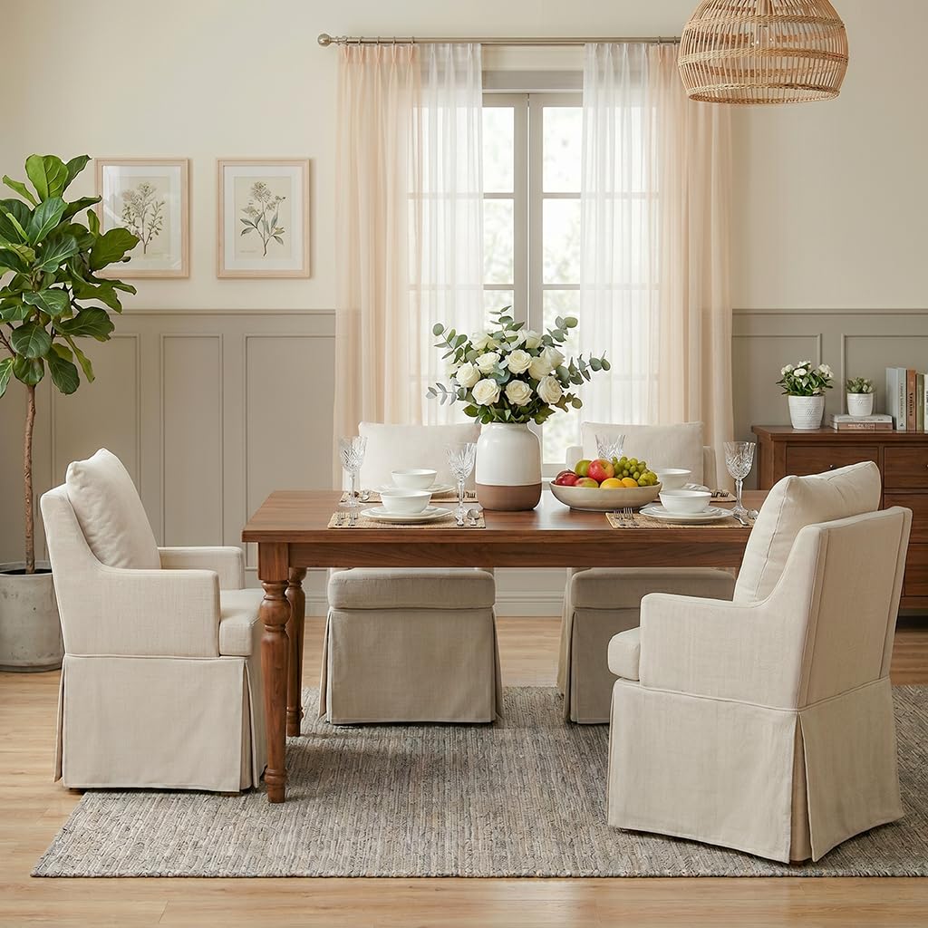 Upholstered Dining Chairs, Modern Kitchen Chair Dining Room Chair with 4 Casters, Linen Armchair Reading Room Living