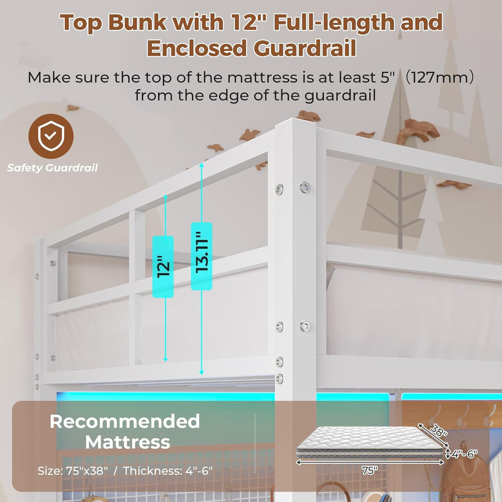 Twin Loft Bed with L-Shaped Desk, Storage Shelves and Charging Station Twin Metal Loft Bed with LED Lights and Coat