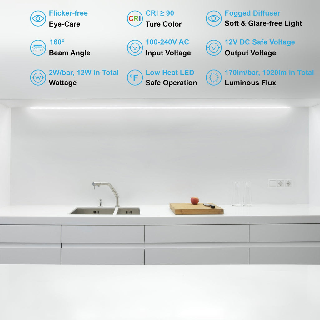 Motion Sensor Under Cabinet Lights, Plug in, Seamlessly Linkable, 6 Pcs 12 Inch Under Counter Lighting Bars, Closet