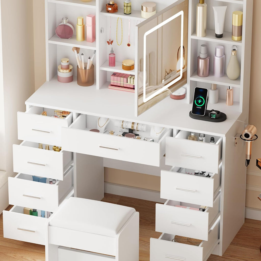 Vanity Desk with Jewelry Storage,Power Outlet and Cushioned Stool | Makeup Vanity Table with Smart LED Mirror,3