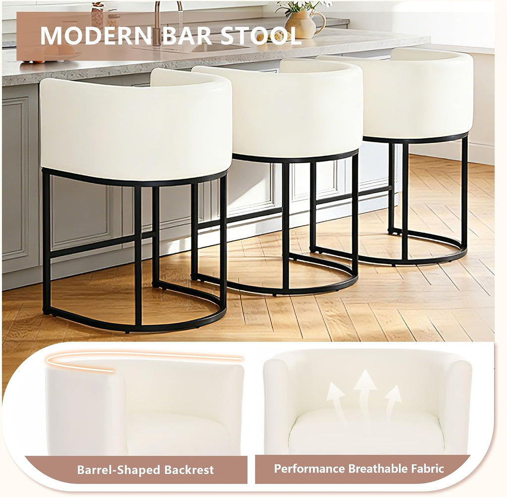 26" H Counter Height Bar Stools Set of 3, Modern Barrel Counter Chairs with Backrest and Arms, Faux Leather