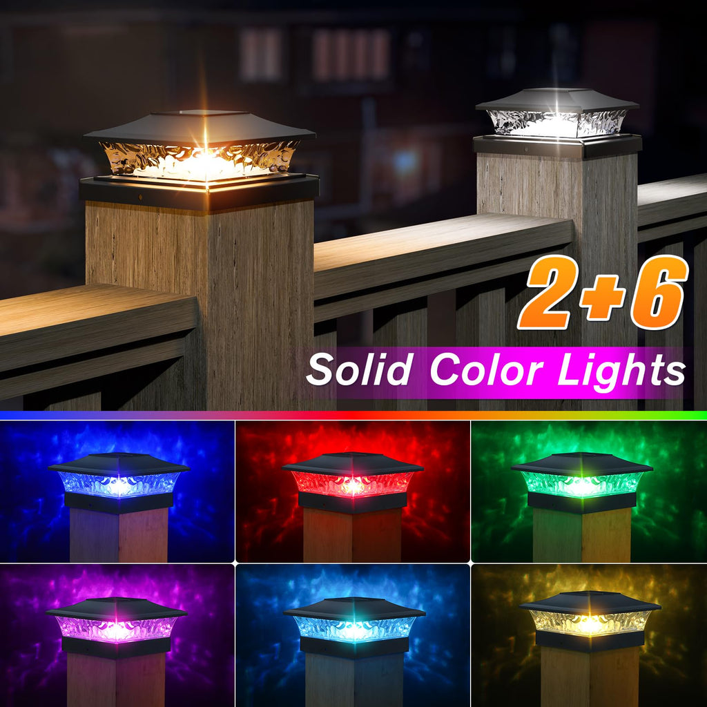 Solar Post Cap Lights with 8 RGB Solid Colors & Multicolor Flow - 12 Pack 6x6 Post Cap Solar Light, IP65 Waterproof