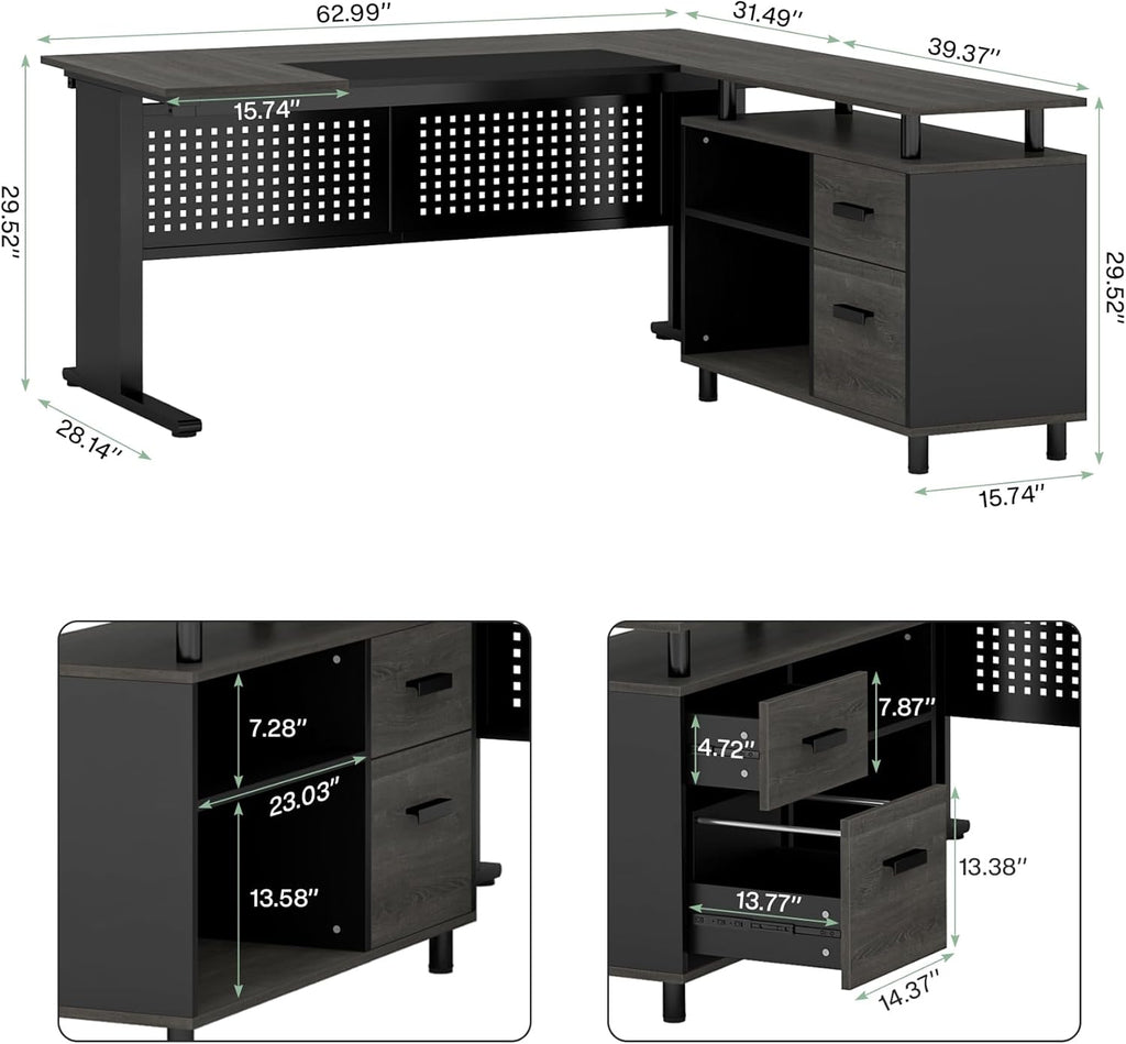 63 Inch Executive Desk with File Cabinet, L Shaped Office Desk with Drawers and Storage Shelves