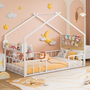 Montessori House Bed with Storage Rack & Stuffed Animal Storage