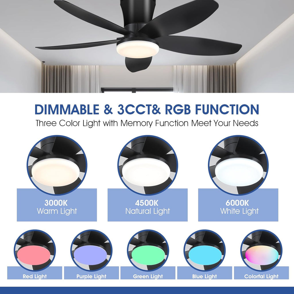 Flush Mount RGB Ceiling Fans with Lights-36 Low Profile Ceiling Fan with Light and Remote/APP Control,DC Reversible,LED Dimmable Black Ceiling Fans for Bedroom,Indoor/Outdoor Patio Use