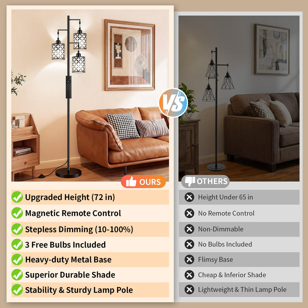 72" Dimmable Floor Lamp with Remote & Timer, Industrial Farmhouse Rustic Standing Lamp Bedroom, 3 Individually