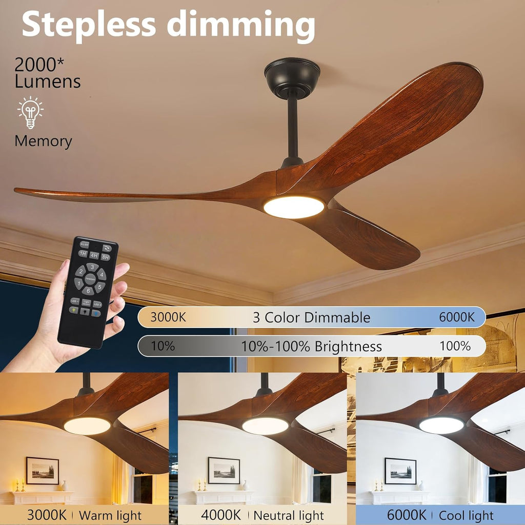 52" Ceiling Fan with Light and Remote, 6-Speed Dimmable Outdoor Ceiling Fan, High CFM Quiet 3 Blade Wood Ceiling Fan
