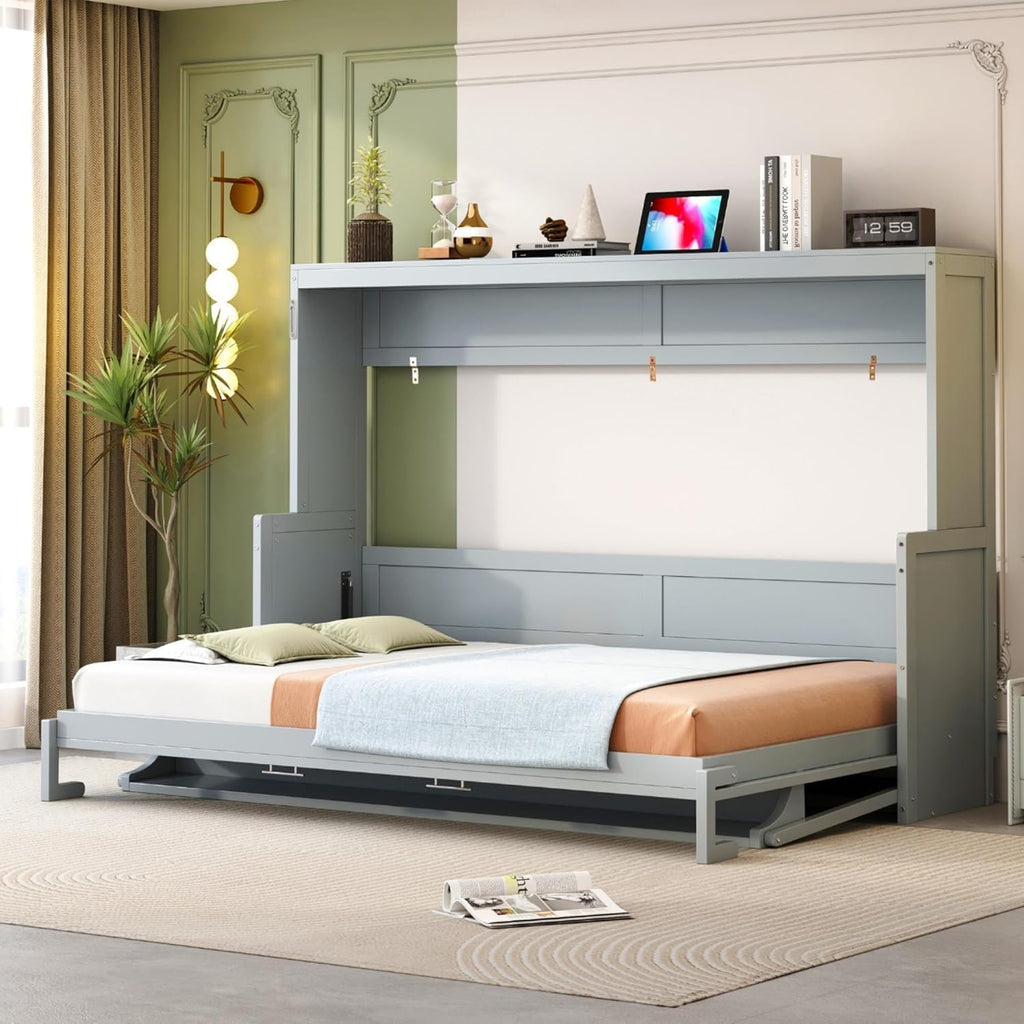 Queen Horizontal Murphy Bed with Desk,Wood Folding Hideaway Murphy Wall Bed for Adult,Guest Room,No Box Spring