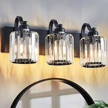 Modern 3-Lights Black Bathroom Vanity Light, Crystal Bathroom Lights Over Mirror, Modern Wall Lighting Fixtures with